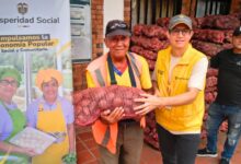 Familias vulnerables recibiendo bolsas de papa del programa Alimentos para la Vida de Prosperidad Social