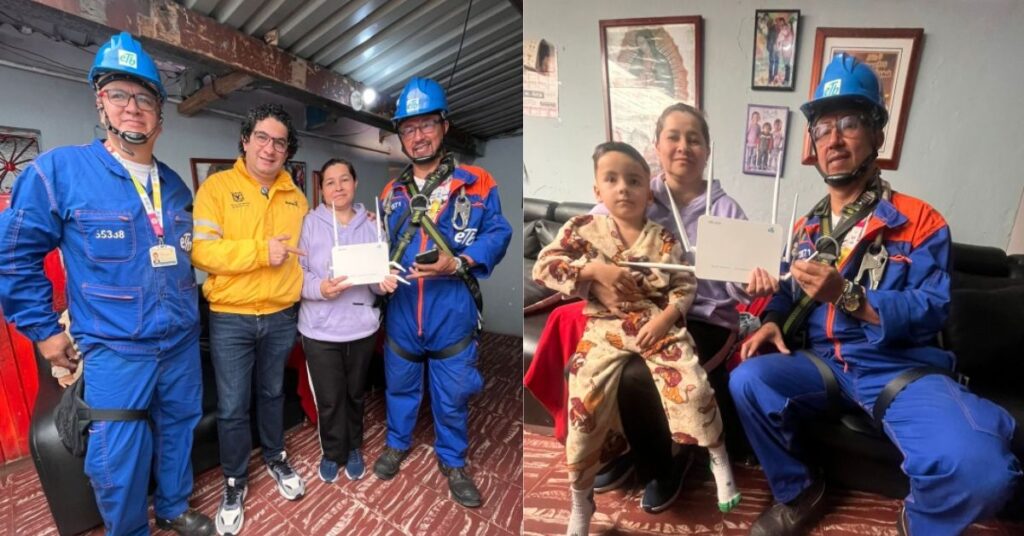 Técnicos de ETB instalando fibra óptica para el programa de internet gratuito en el barrio San Francisco