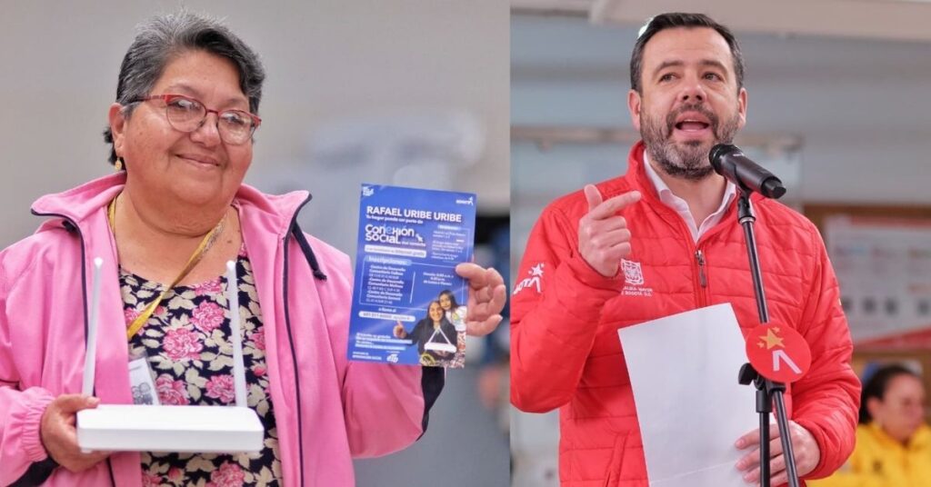 Familia en Bogotá utilizando internet gratuito de fibra óptica y un computador portátil entregado por el Distrito