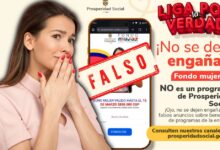 Captura de pantalla de un mensaje falso de WhatsApp ofreciendo el Bono Mujer de $850.000 con un sello de "Falso"