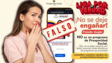 Captura de pantalla de un mensaje falso de WhatsApp ofreciendo el Bono Mujer de $850.000 con un sello de "Falso"