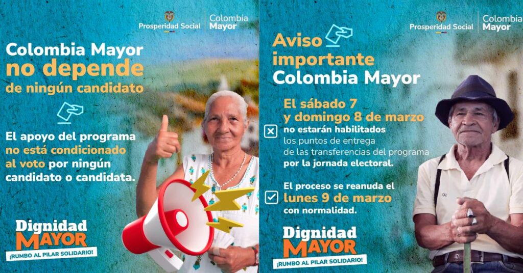 Aviso de Prosperidad Social sobre el cierre de puntos de pago de Colombia Mayor durante el fin de semana de elecciones