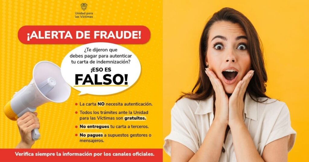 Alerta por estafa y falsa autenticación de la carta de indemnización de la Unidad para las Víctimas
