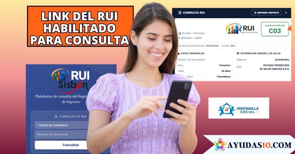 Beneficiario en Colombia consultando con su cédula la clasificación del RUI en la Ventanilla Social desde su celular